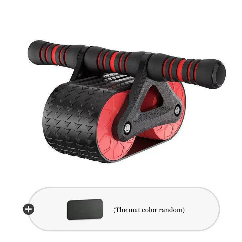 Black and red ab roller wheel with textured grips and dual wheels for core training