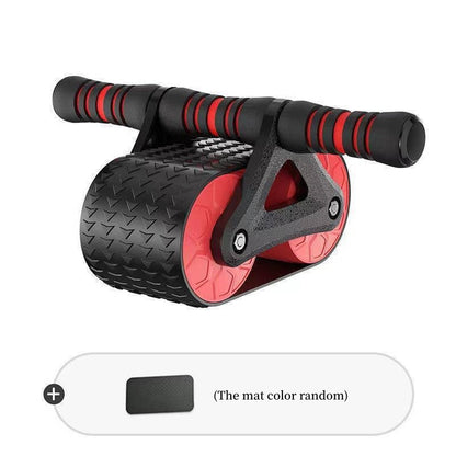 Black and red ab roller wheel with textured grips and dual wheels for core training