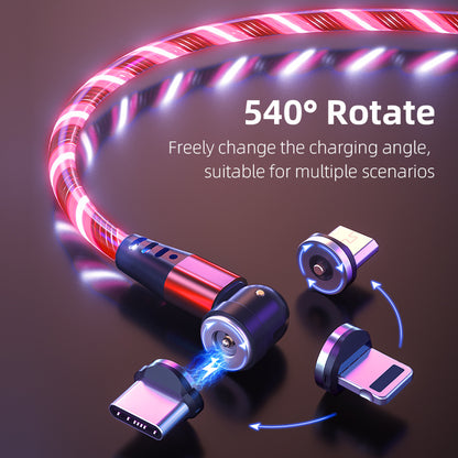 Luminous magnetic USB Type-C charging cable with 540° rotating connector and LED flow light