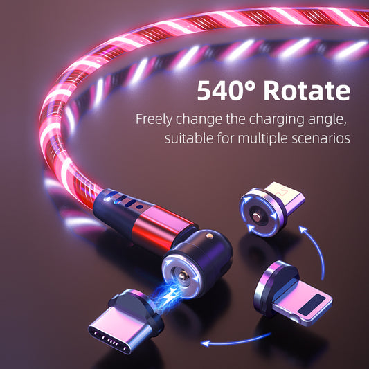 Luminous magnetic USB Type-C charging cable with 540° rotating connector and LED flow light