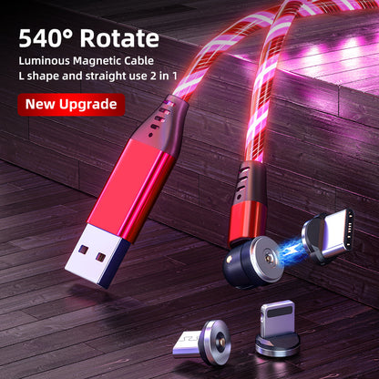Red USB luminous magnetic charging cable with LED flow light and interchangeable connectors on wood surface