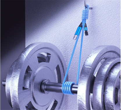 Blue luminous magnetic USB Type-C and micro USB charging cable hanging on metal dumbbell weights