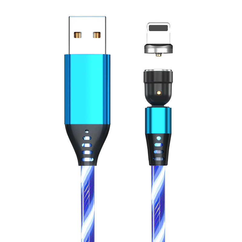 Blue luminous magnetic USB charging cable with detachable magnetic connector and LED flow light