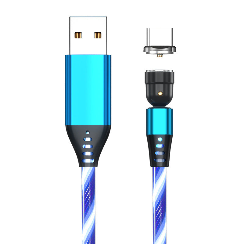 Blue magnetic USB cable with detachable USB-C connector and LED flow light