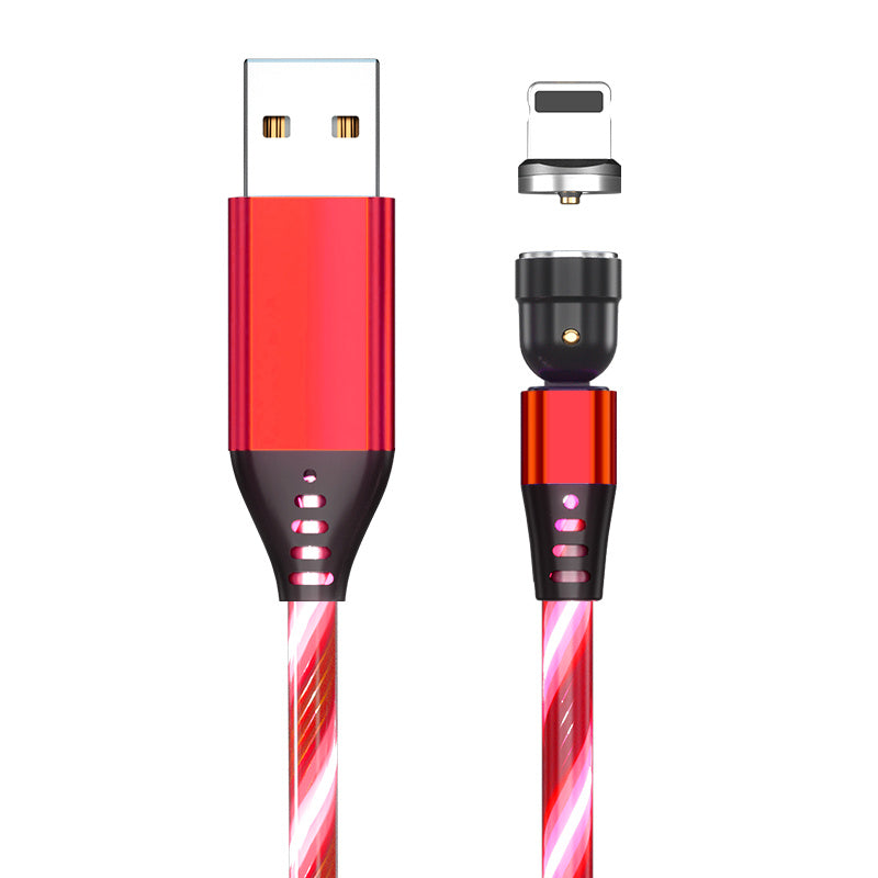 Red USB magnetic charging cable with detachable lightning connector and LED light strip