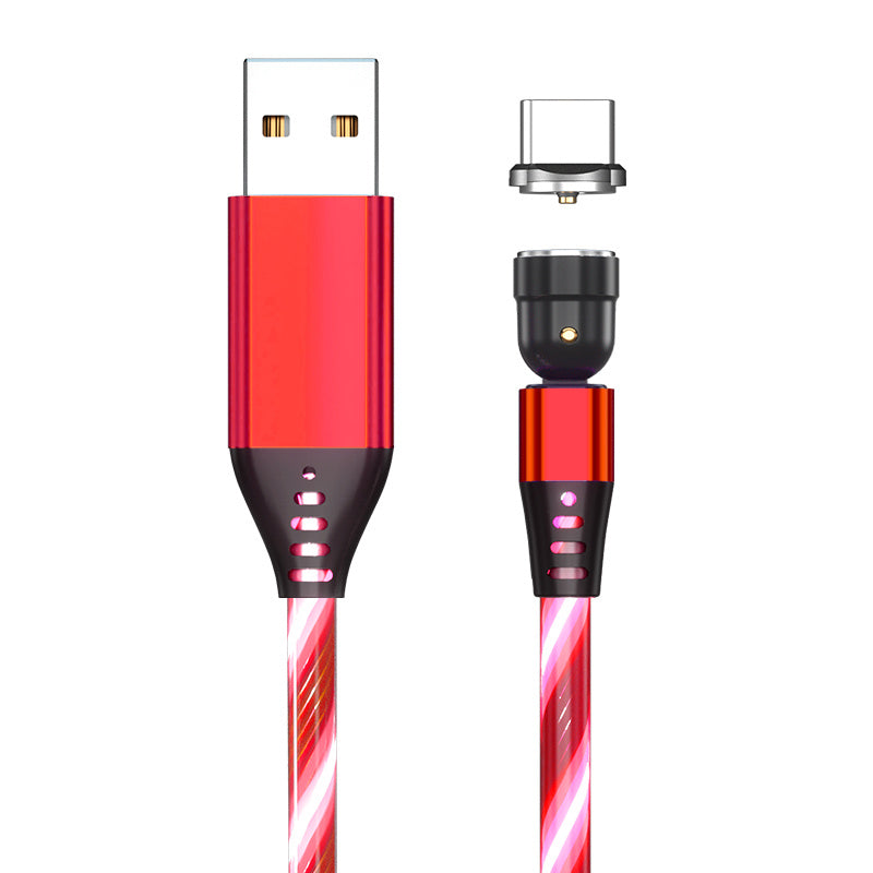Red USB to magnetic Type-C charging cable with glowing LED light and detachable connector