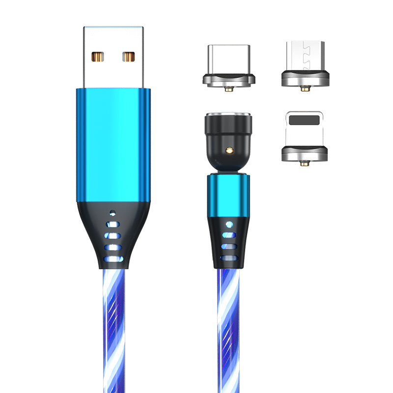 Blue luminous magnetic USB charging cable with USB-A connector and three detachable tips for Type-C, Micro USB, and Lightning