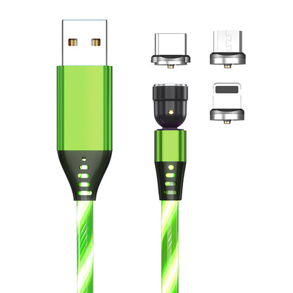 Green magnetic USB charging cable with LED light and three interchangeable connectors: USB-C, micro USB, and Lightning