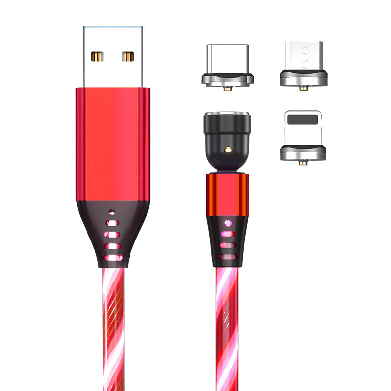 Red luminous magnetic USB charging cable with USB Type-C, micro USB, and Lightning connectors