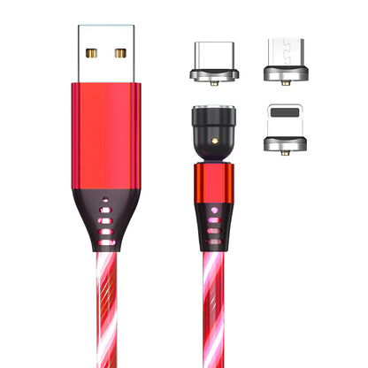 Red luminous magnetic USB charging cable with USB Type-C, micro USB, and Lightning connectors