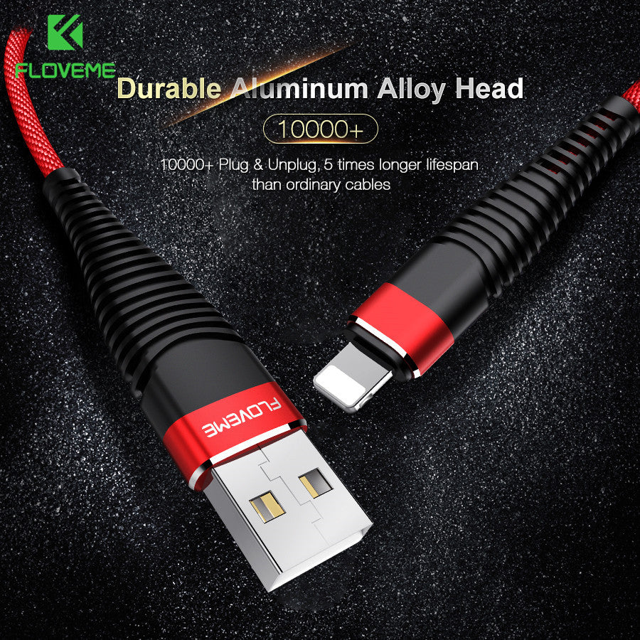 Close-up of Floveme durable aluminum alloy USB to Lightning charging cable with red and black braided design