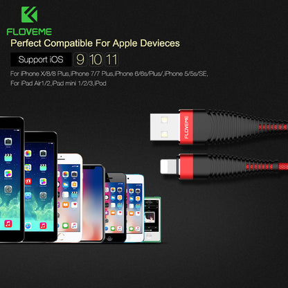 Red and black FLOVEME USB to Lightning charging cable compatible with multiple Apple devices shown on black background