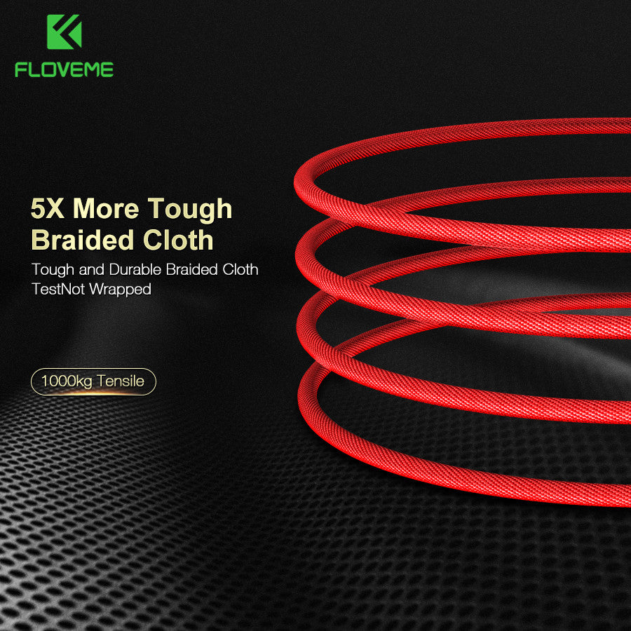 Red braided cloth charging cable coil on black textured surface with FLOVEME logo and durability text