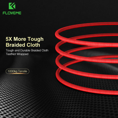 Red braided cloth charging cable coil on black textured surface with FLOVEME logo and durability text