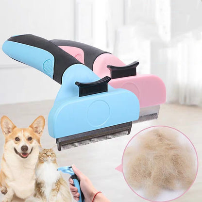 Blue and pink pet grooming combs with stainless steel blades and comfortable grip handles, dog hair removed