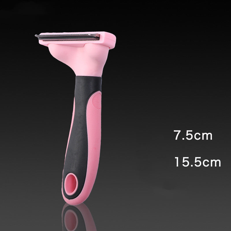 Pink and black pet grooming shedding brush with stainless steel comb and comfortable grip