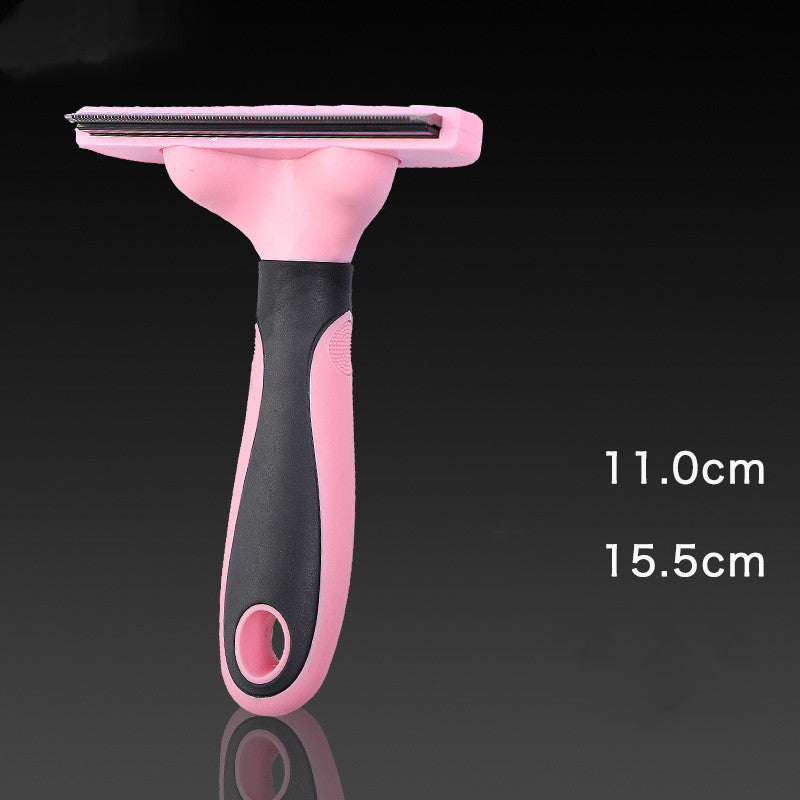 Pink and black pet grooming comb with stainless steel blades for dog shedding, measuring 11cm by 15.5cm