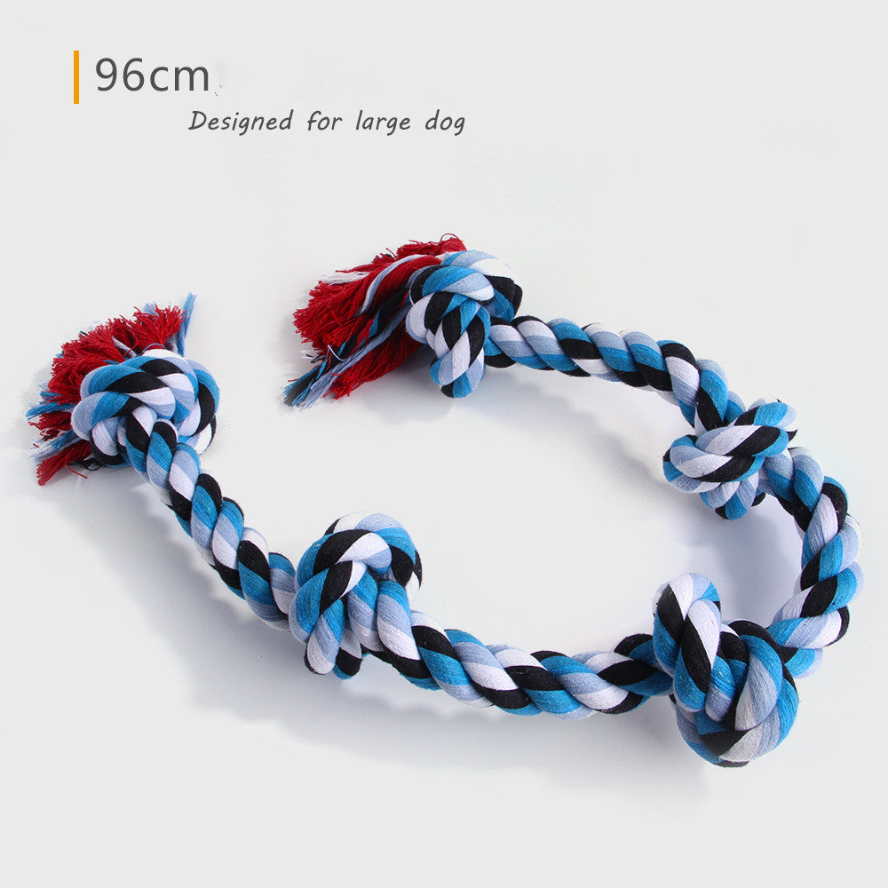 96cm durable cotton rope toy for large dogs with red, black, white, and blue braided knots
