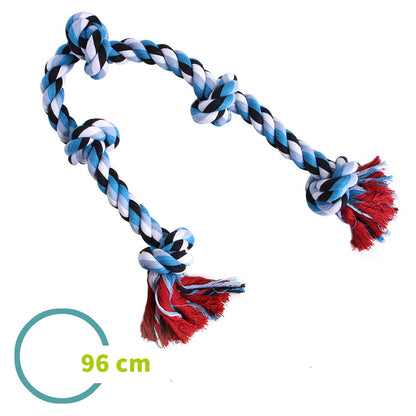 Durable blue, black, white cotton dog rope toy with knots and red tassels, 96 cm length
