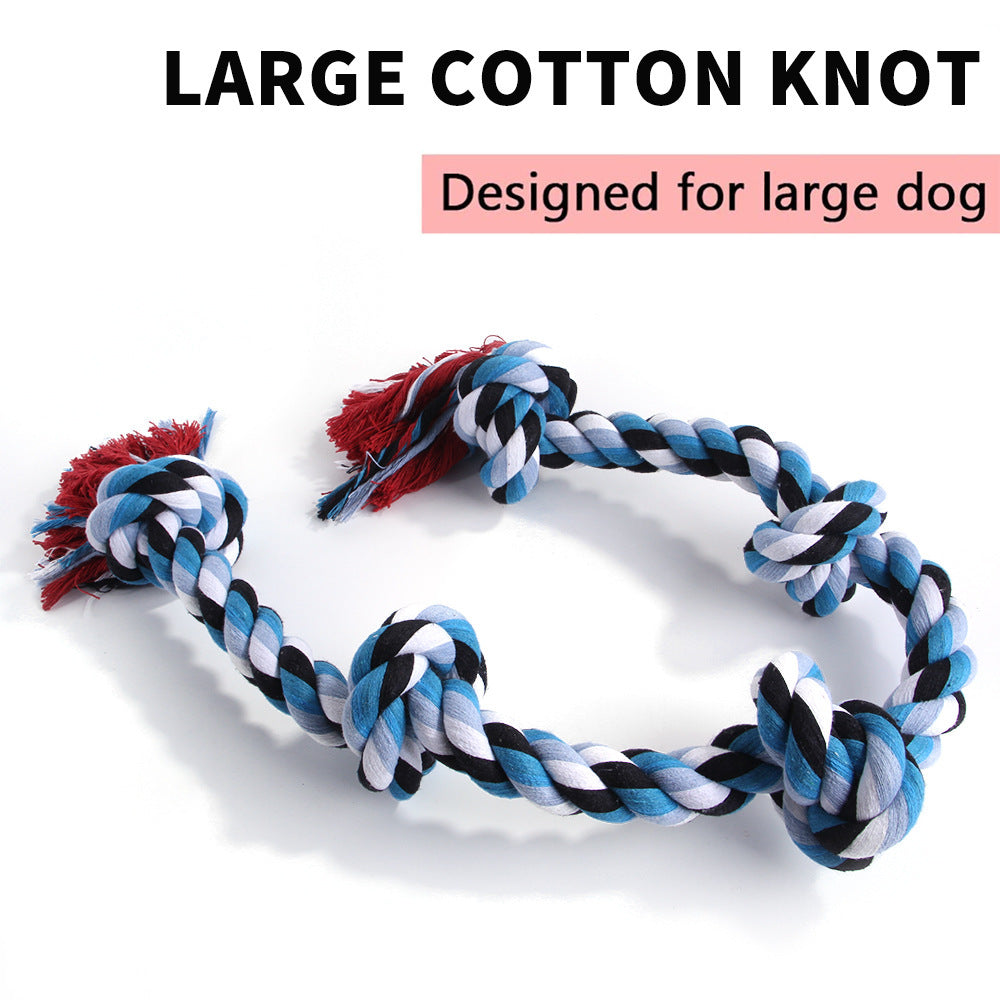 Large blue, white, and black braided cotton rope dog toy with knots and red tassels, for large dogs