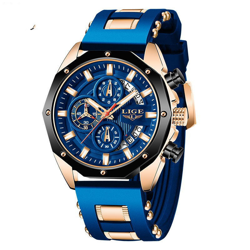 Blue men's sport watch with quartz chronograph, silicone strap, gold and black accents
