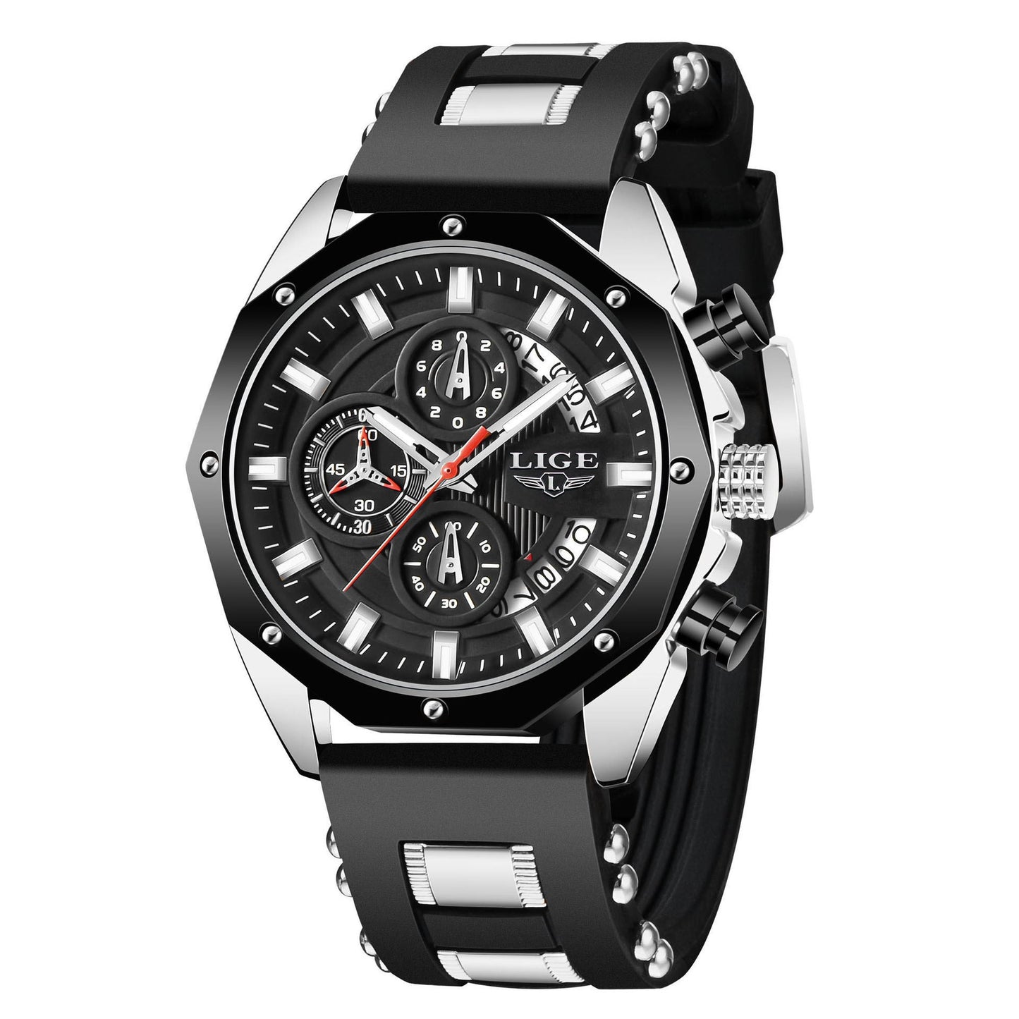 LIGE men's black sport watch with quartz chronograph and black silicone strap