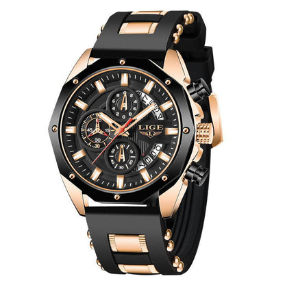 LIGE men's luxury sport watch with black silicone strap and rose gold-tone stainless steel case
