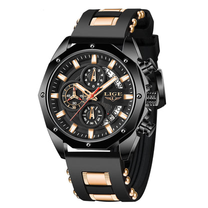 Black LIGE men's sport watch with quartz chronograph, gold accents, and silicone strap