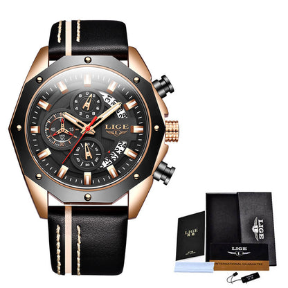 LIGE men's luxury chronograph watch with black dial, rose gold case, and black leather strap