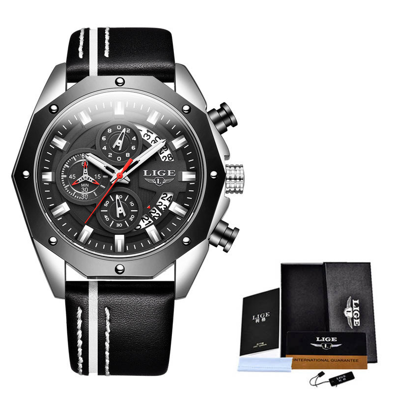 LIGE men's luxury black sports chronograph watch with black leather strap and white stitching, with warranty box