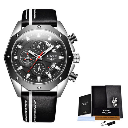 LIGE men's luxury black sports chronograph watch with black leather strap and white stitching, with warranty box