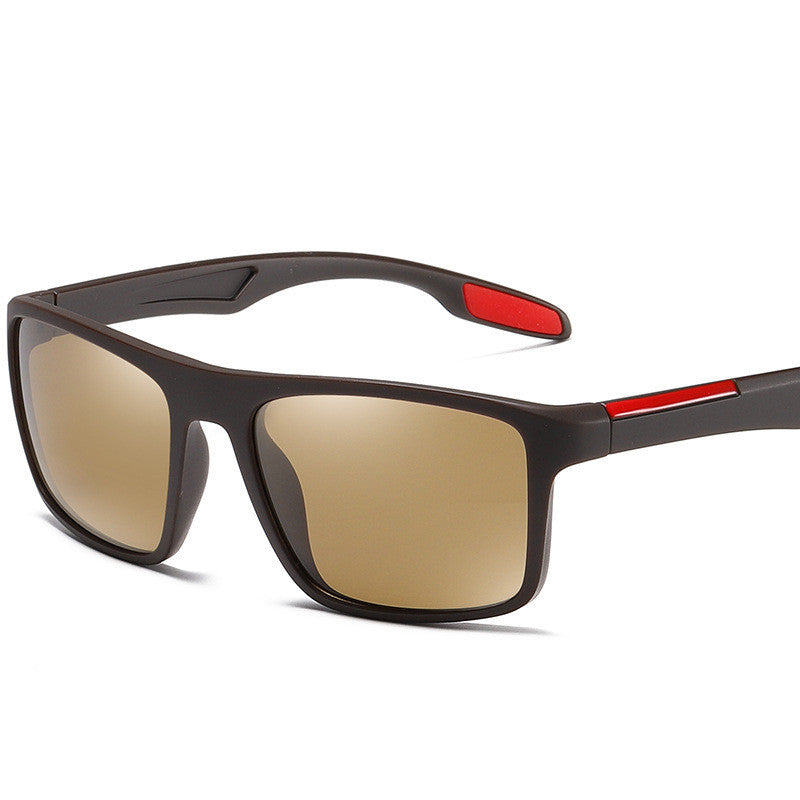 Brown polarized sports sunglasses with brown lenses and red accents on TR90 frame