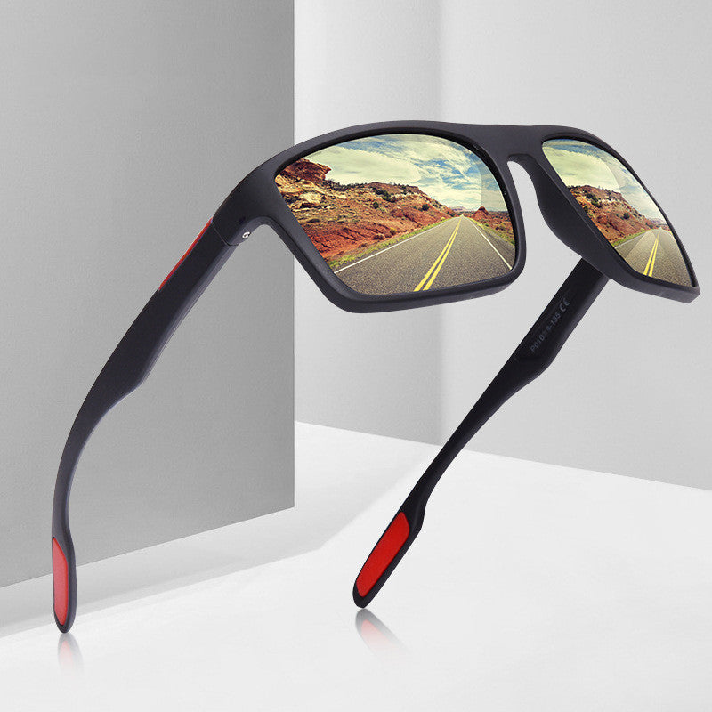 Black polarized sports sunglasses with TR90 frame and blue mirrored lenses reflecting open road and red rocks