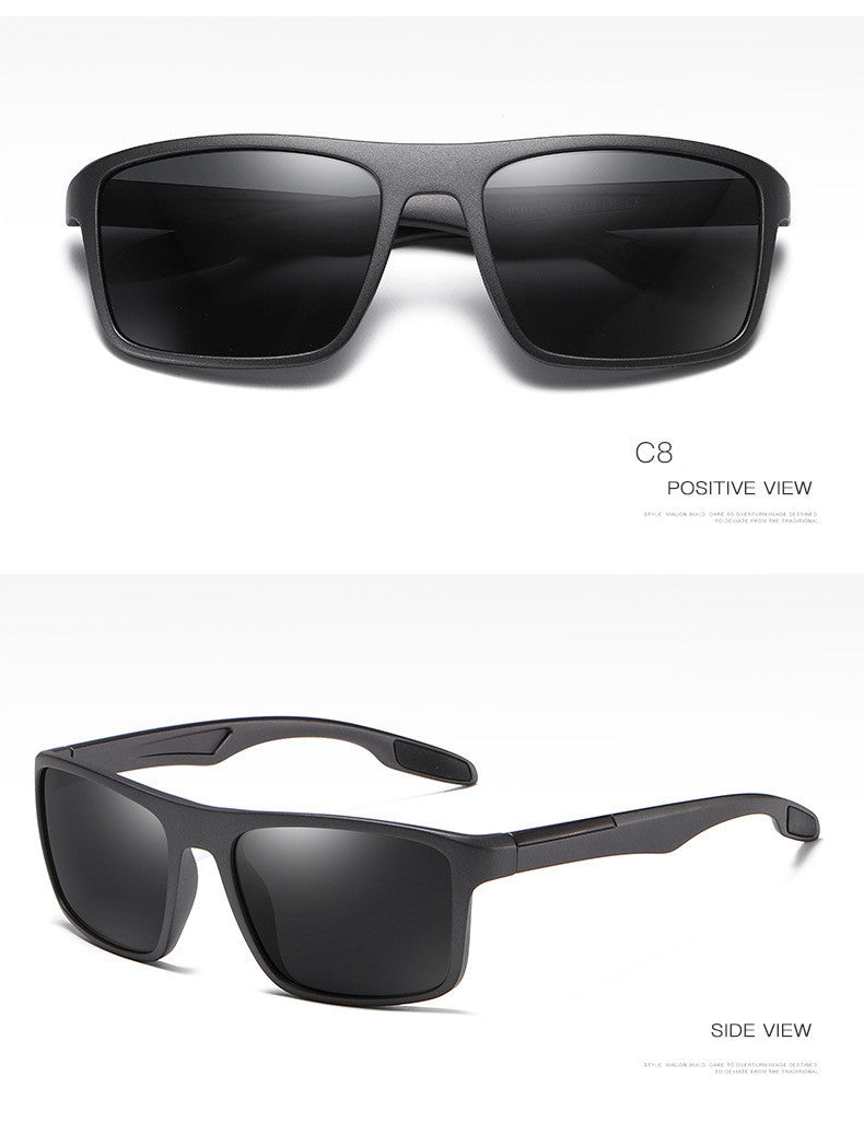 Matte black TR90 frame sports sunglasses with polarized dark lenses, shown from front and side views