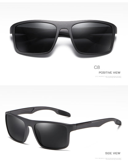 Matte black TR90 frame sports sunglasses with polarized dark lenses, shown from front and side views