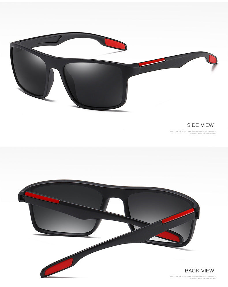 Black sports sunglasses with polarized dark lenses and red accents on TR90 frame, side and back views