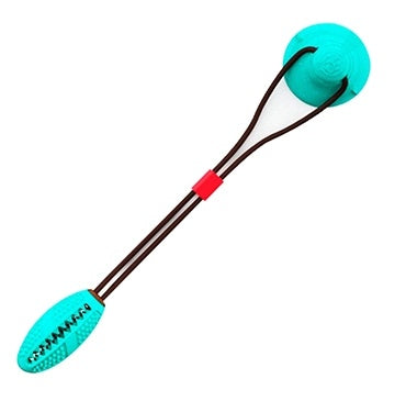 Blue and orange interactive dog tug toy with suction cup and chew textured ends for medium dogs