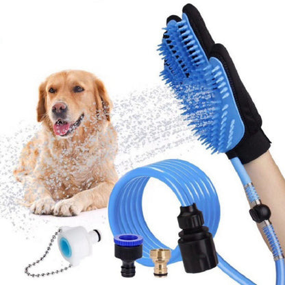 Blue handheld dog bath shower brush with flexible hose and connectors, spraying water on golden retriever