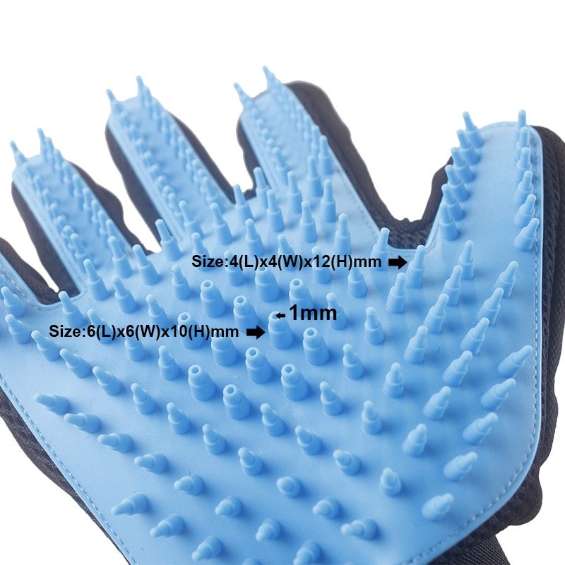 Blue pet grooming glove with rubber bristles of varying sizes for brushing and massaging pets