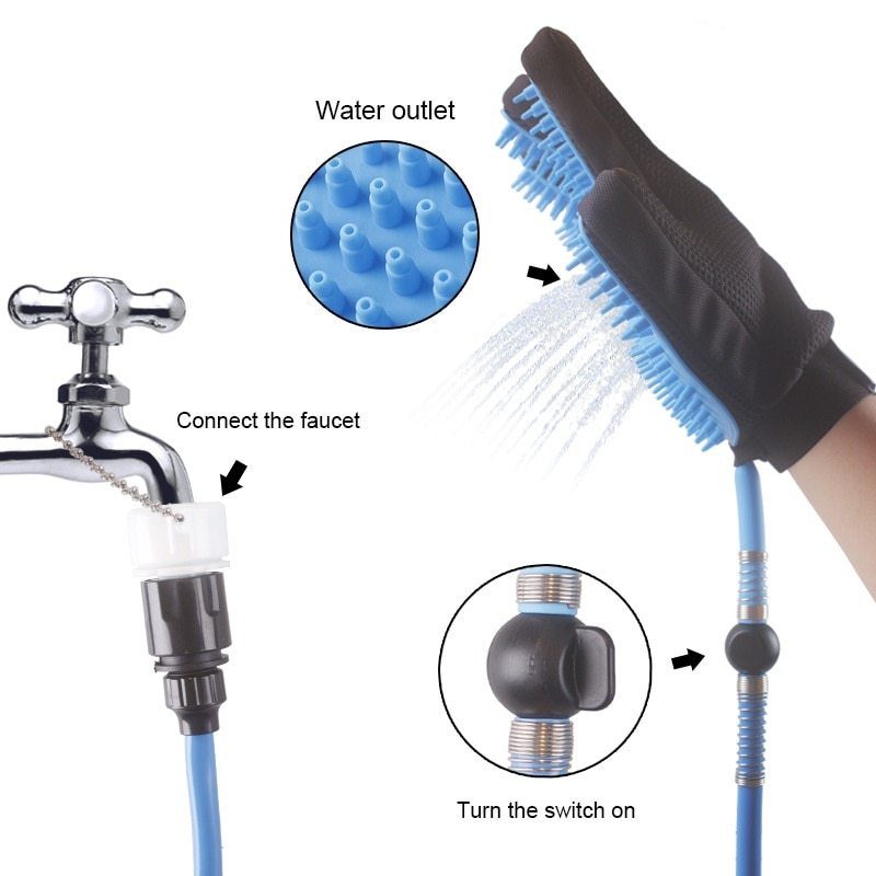 Blue pet shower glove with water outlets, connected to faucet with flexible hose and control switch