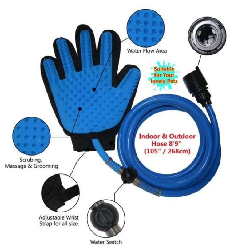 Blue pet bathing glove with flexible hose and water switch, ideal for scrubbing, grooming, and massage