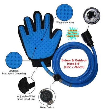 Blue pet bathing glove with flexible hose and water switch, ideal for scrubbing, grooming, and massage