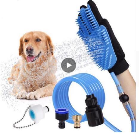 Blue handheld pet shower head with flexible hose and brush glove bathing a golden retriever dog