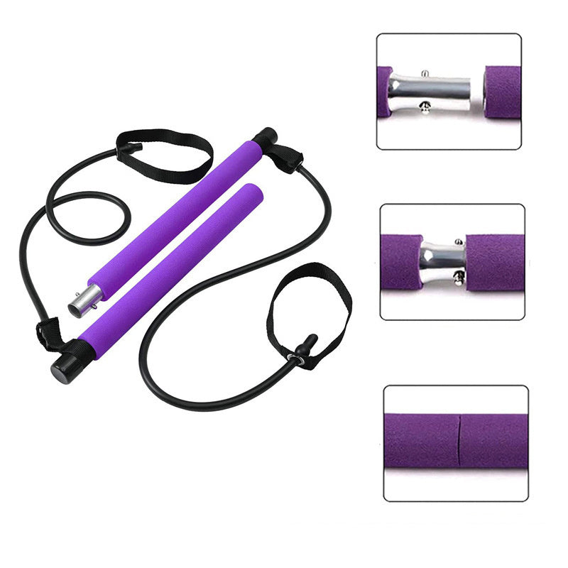 Purple Pilates bar with adjustable resistance bands and foam handles, shown with close-up connection details