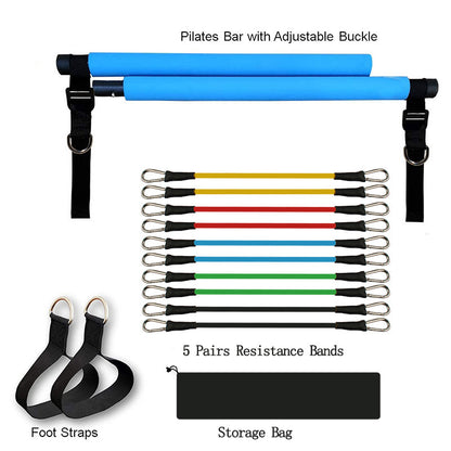 Blue Pilates bar with adjustable buckle, five pairs of colorful resistance bands, black foot straps, and storage bag