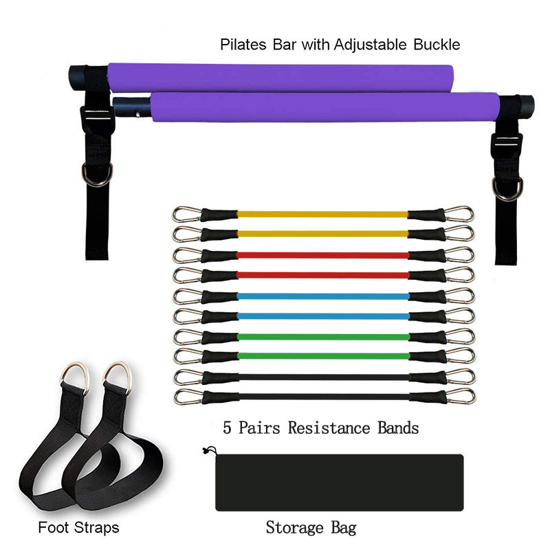 Purple Pilates bar with adjustable buckle, five pairs of colorful resistance bands, foot straps, and storage bag