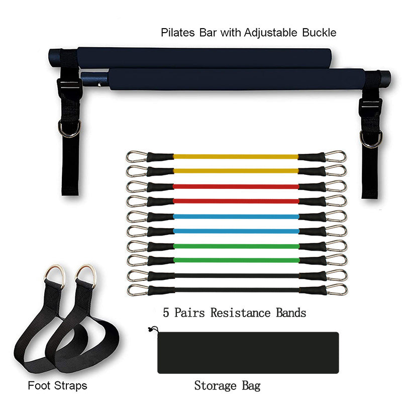 Blue Pilates bar with adjustable buckles, five pairs of colorful resistance bands, foot straps, and a storage bag