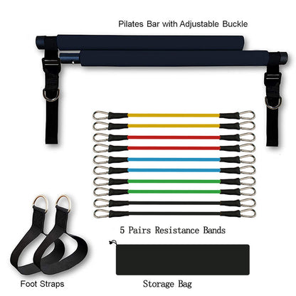 Blue Pilates bar with adjustable buckles, five pairs of colorful resistance bands, foot straps, and a storage bag