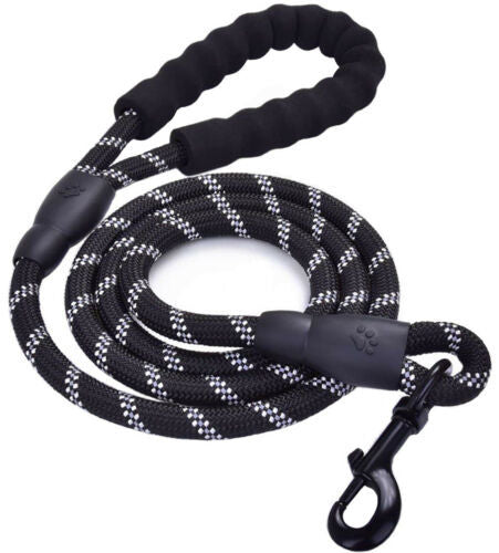 Black and white reflective nylon dog leash with padded handle and durable metal clip