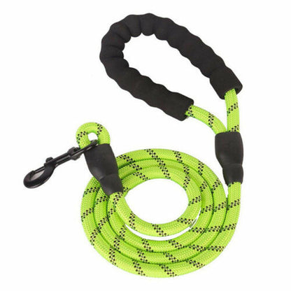 Bright green reflective nylon dog leash with black cushioning handle and metal clasp